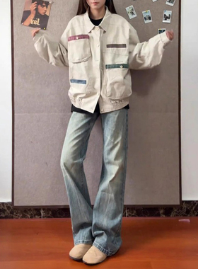 foygob水洗闪电纹牛仔裤男款直筒美式vibe风裤子高街痞帅微喇叭裤