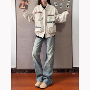 foygob水洗闪电纹牛仔裤男款直筒美式vibe风裤子高街痞帅微喇叭裤