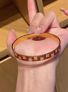 周家同款红色珐琅福字手环女vintage时尚气质感手镯小众设计手饰