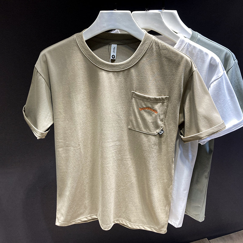 夏季新款口袋短袖t恤男士宽松半袖圆领时尚休闲百搭印花潮牌体恤