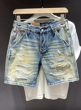 复古怀旧蓝色破洞牛仔短裤男2025夏季合身中裤做旧裤子潮流五分裤