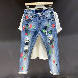 欧美高街喷漆印花涂鸦破洞牛仔裤男修身小脚个性潮流泼墨潮牌裤子