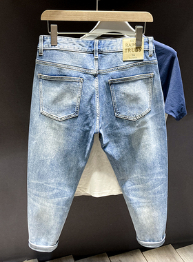潮牌牛仔裤男款2024春秋季刺绣高级感修身浅蓝色复古水洗小脚裤男