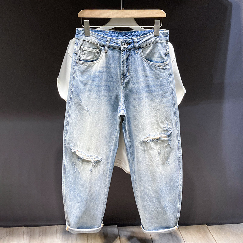 浅蓝色高端水洗牛仔裤男宽松直筒阔腿潮牌舒适哈伦破洞补丁长裤男,男装,牛仔裤,淘宝优惠券,粉丝福利购,淘宝优惠卷