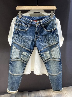 潮牌秋季欧版刺绣深蓝色字母压花水洗欧洲站复古痞帅水洗牛仔裤男