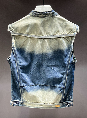 高端品质复古蓝色牛仔马甲男春秋美式痞帅拼接拉链无袖马夹背心潮