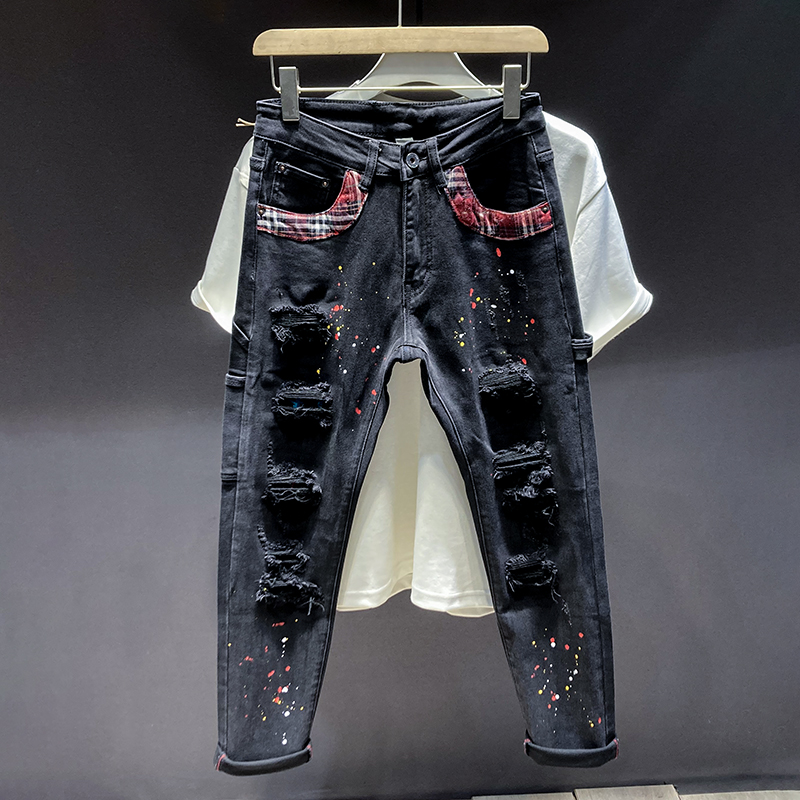 泼墨修身小脚牛仔裤男