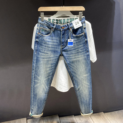 小脚裤潮流印花弹力牛仔裤男