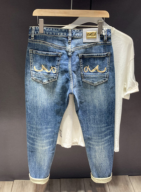 男士裤子2023新款复古深蓝色弹力高级弹力潮牌牛仔裤秋季修身小脚