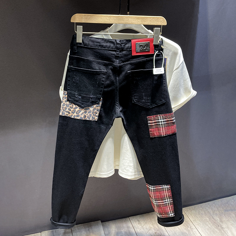 黑色潮牌个性高端拼接款牛仔裤男破洞补丁贴布弹力刺绣乞丐韩版潮