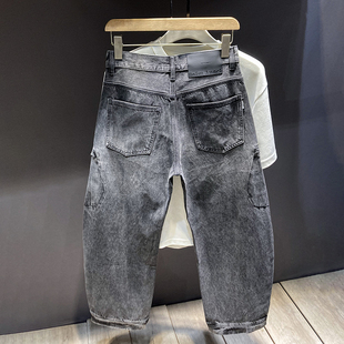 高街裤 大口袋工装 直筒宽松弯刀阔腿美式 男秋冬款 子潮流百搭 牛仔裤