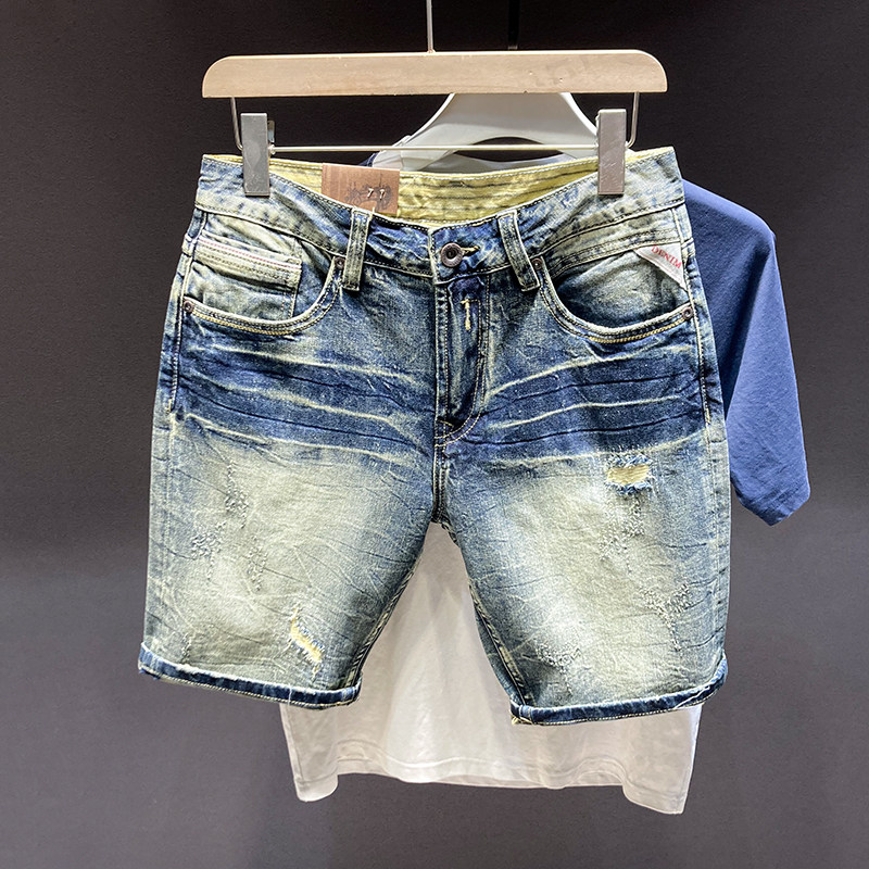 夏季个性痞帅牛仔短裤美式休闲复古潮流水洗破洞修身五分裤男中裤