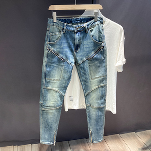 2024欧美复古秋冬牛仔裤男修身小脚潮牌机车拼接青年痞帅长裤子男