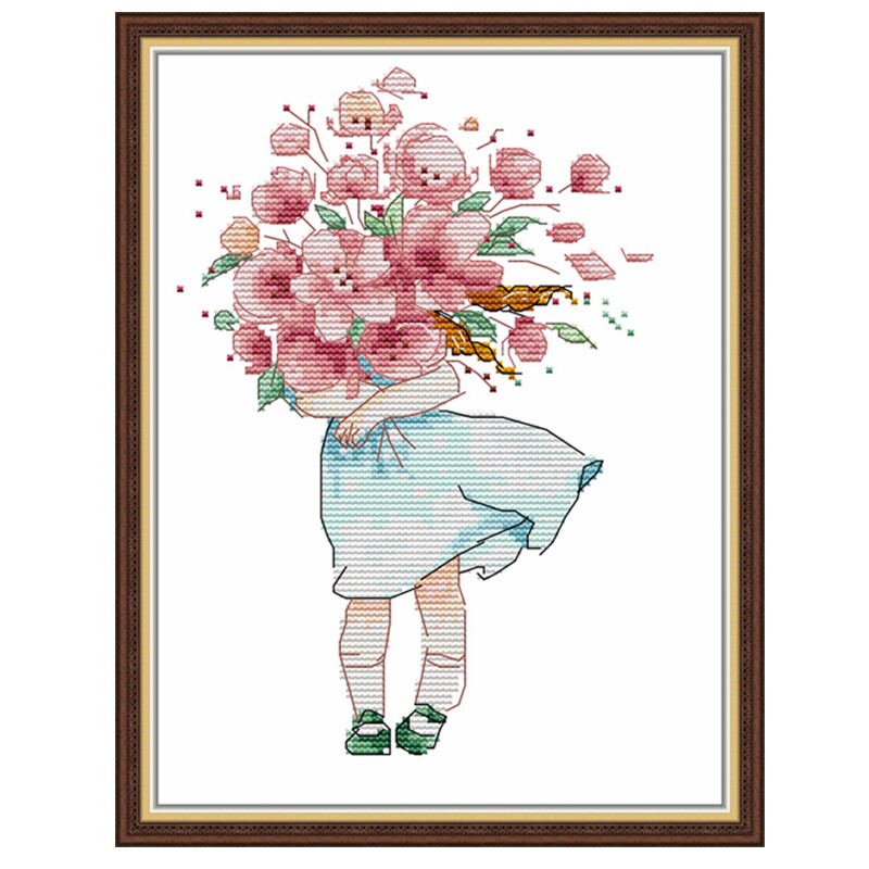 捧花小女孩新款小幅十字绣清晰印花布棉线卡通人物好看装饰画摆件