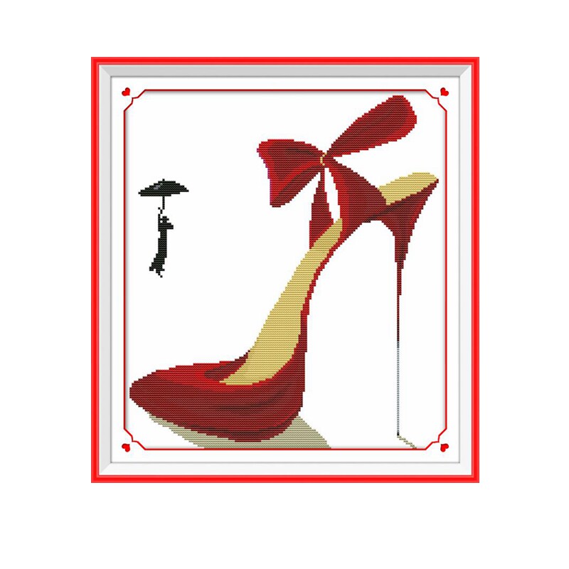 新款印花十字绣时尚红色高跟鞋图案刺绣棉线现代简单客厅玄关挂画