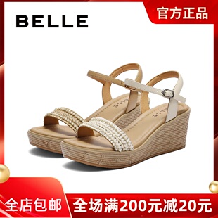 女凉鞋 专柜正品 一字带编织露趾跛跟时尚 女鞋 D8T1DBL5 百丽2025夏款