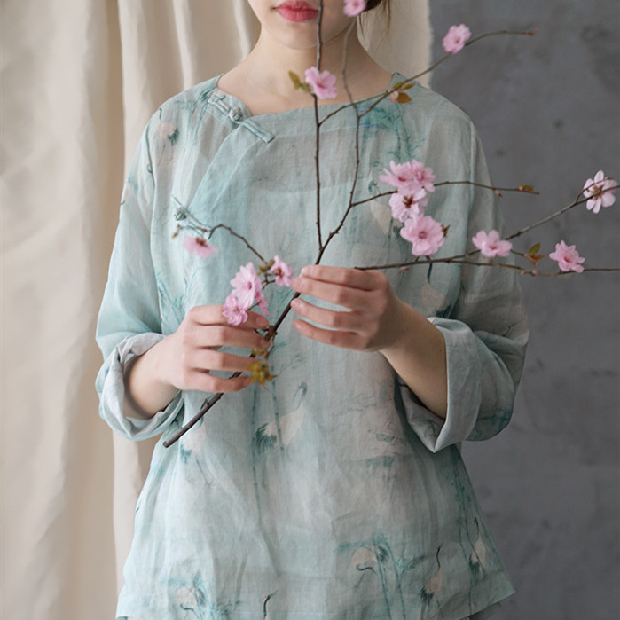 闲云野鹤空灵意境水墨画苎麻上衣文艺禅茶古琴原创设计汉服夏衬衫