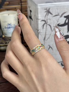 兮语「花想容」古法24k描金足银999.9金鸢尾花戒指珐琅彩送礼女友