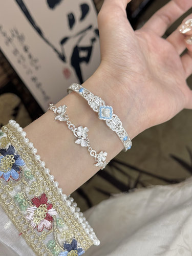 兮语「月光」国风新中式清新足银999.9珐琅彩重工手镯闭口银手镯