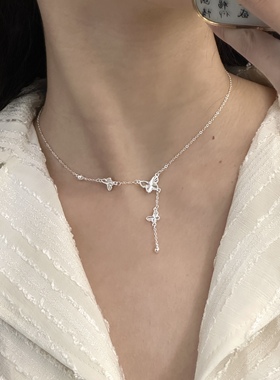 足银990气质温柔风车花蝴蝶流苏项链女轻奢小众锁骨链百搭颈链