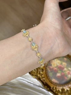 兮语「桃源」足银9999描金珐琅彩桃花卷草纹手链女国风原创银手串