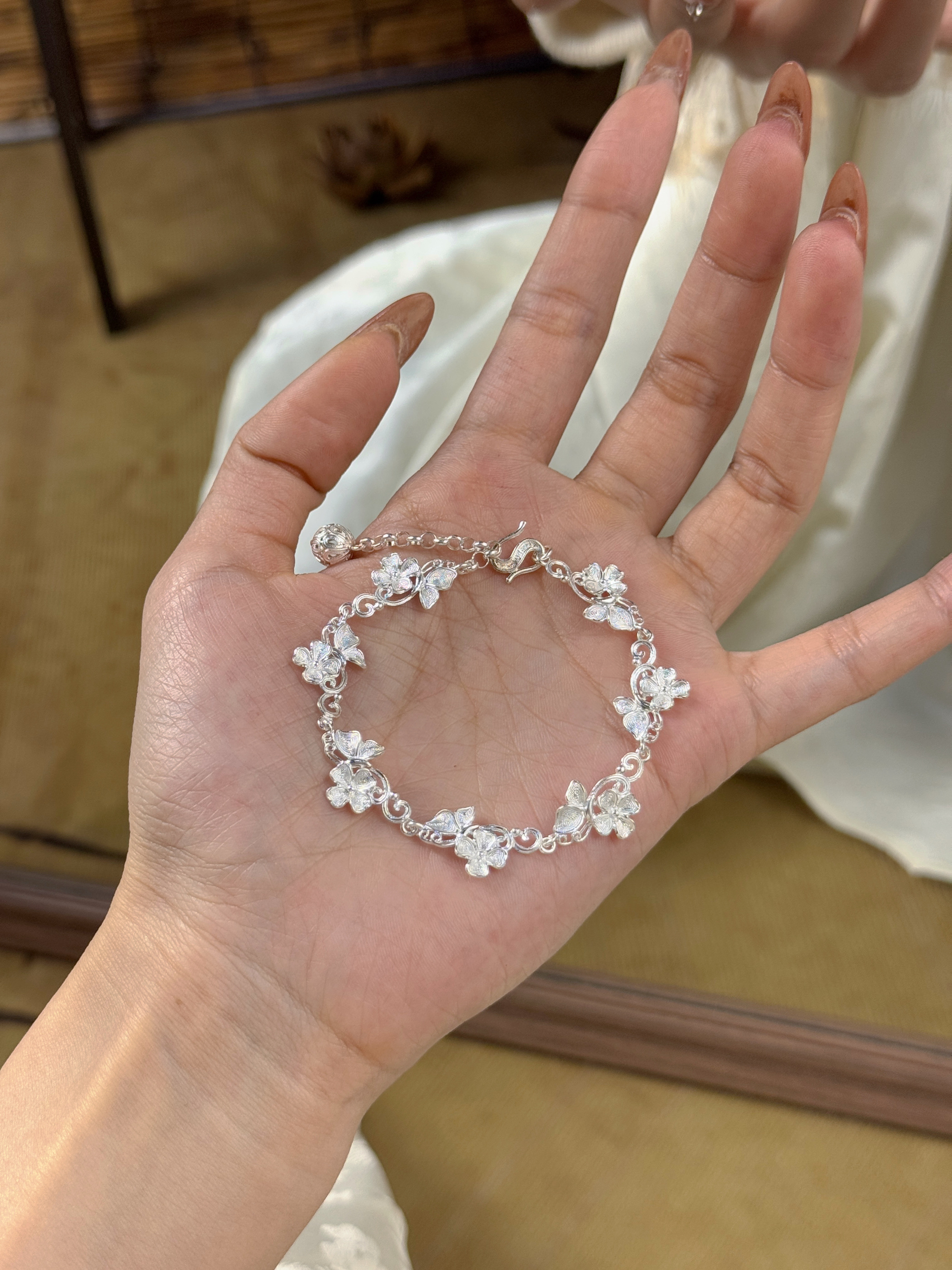 兮语「花丝」足银990手镯女新中式蝴蝶花朵花丝古法手链