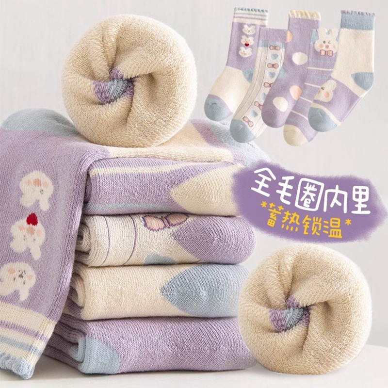 儿童袜子秋冬加绒加厚高筒女童中筒宝宝冬季保暖毛圈长筒袜子花边