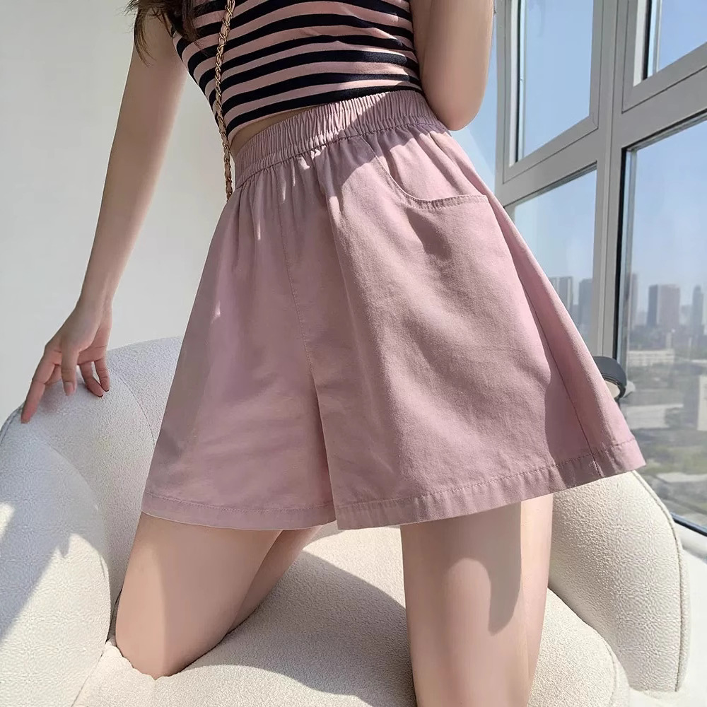 纯棉~粉色短裤女夏季薄款高腰休闲运动a字显瘦三分工装阔腿裤