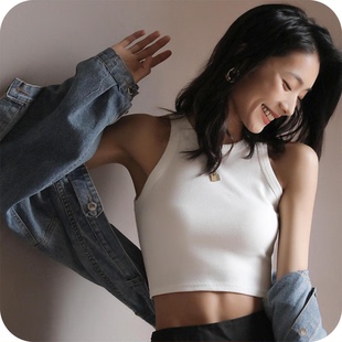 网红短款 设计感外穿上衣潮小 黑色打底螺纹吊带背心女夏季 内搭袖