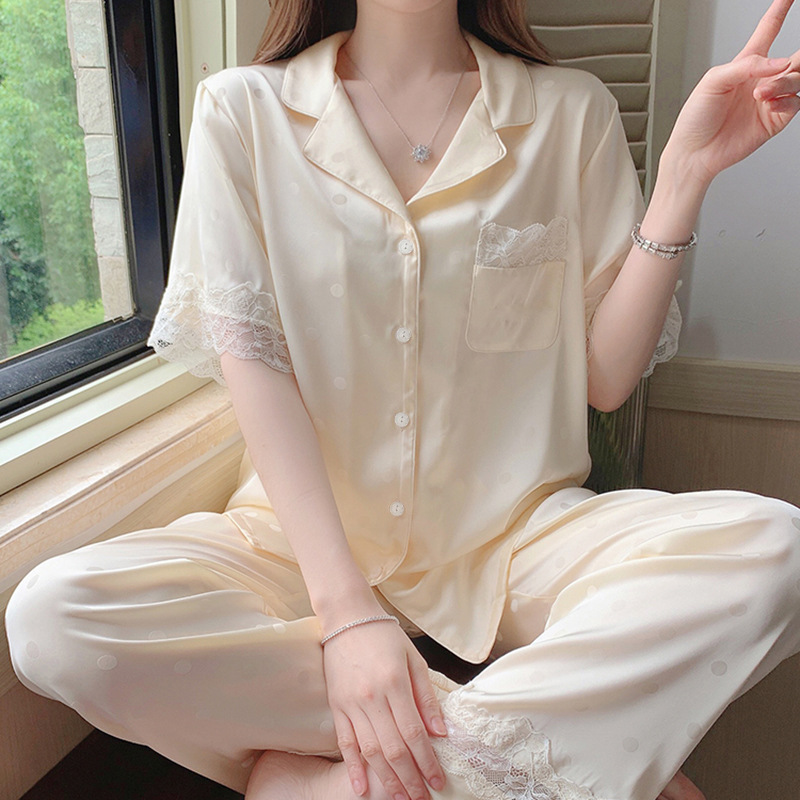 冰丝睡衣女夏季短袖长裤薄款甜美波点蕾丝花边女士年轻居家服套装