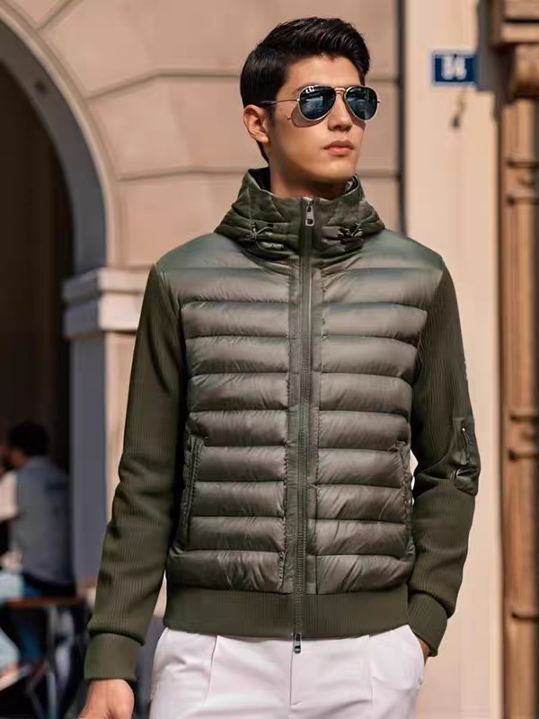 秋冬季欧洲站高奢男士羊毛袖子针织拼接羽绒服百搭连帽衫外套潮牌