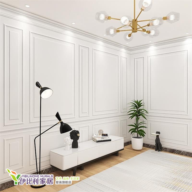 欧式3d立体石膏线壁纸灰白色轻奢背景墙客厅卧室服装店直播间墙纸