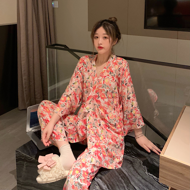 實拍實價  碎花睡衣女日系和服式家居服兩件套短袖睡袍套裝