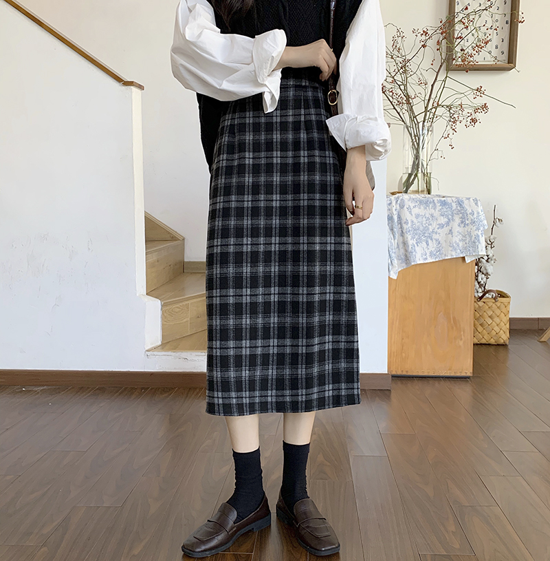 Real price woolen plaid skirt new mid length Hip Wrap Skirt high waist retro versatile skirt