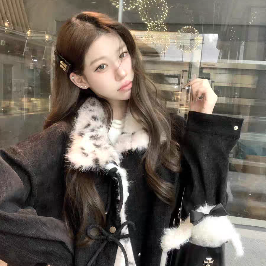 复古甜酷风豹纹毛绒外套女初冬季新款加绒加厚设计感皮草短外套