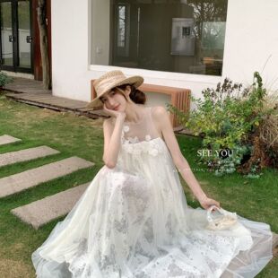 26053 夏季 连衣裙 无袖 森系穿搭立体花朵显瘦仙女气质长款