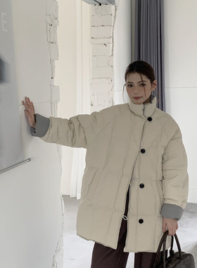韩系翻领撞色时尚中长款保暖羽绒服外套  187#  LKZ