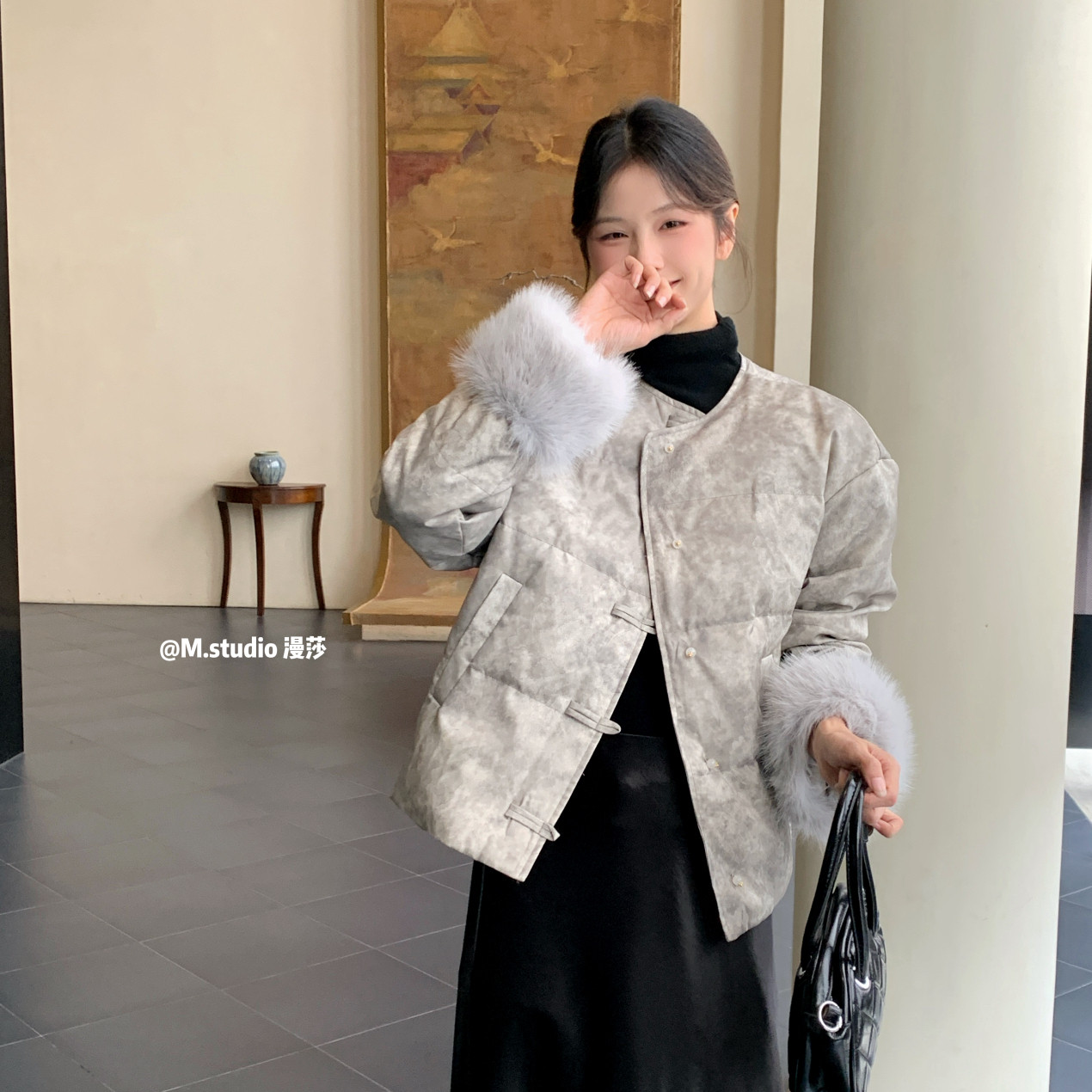 中式国风提花保暖羽绒服外套(袖口毛毛可拆卸)c6320