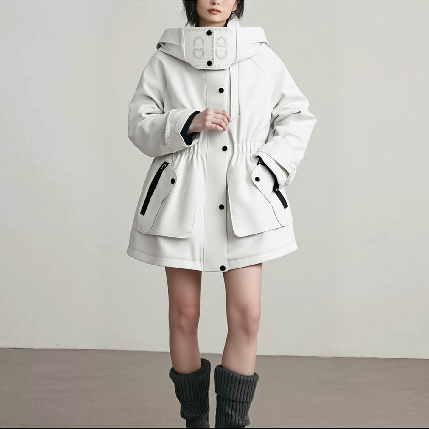 品牌订单中长款收腰连帽工装鹅绒服