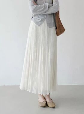 9505-春夏网纱拼接高腰压褶半身裙女松紧腰