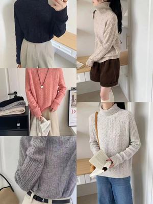 秋冬新款高领麻花点子纱宽松加厚款