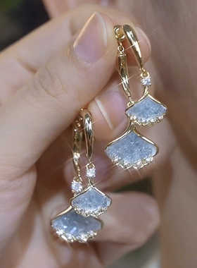 蓝色银杏叶耳环轻奢气质小众设计感前后戴银针耳钉2024新款爆款女