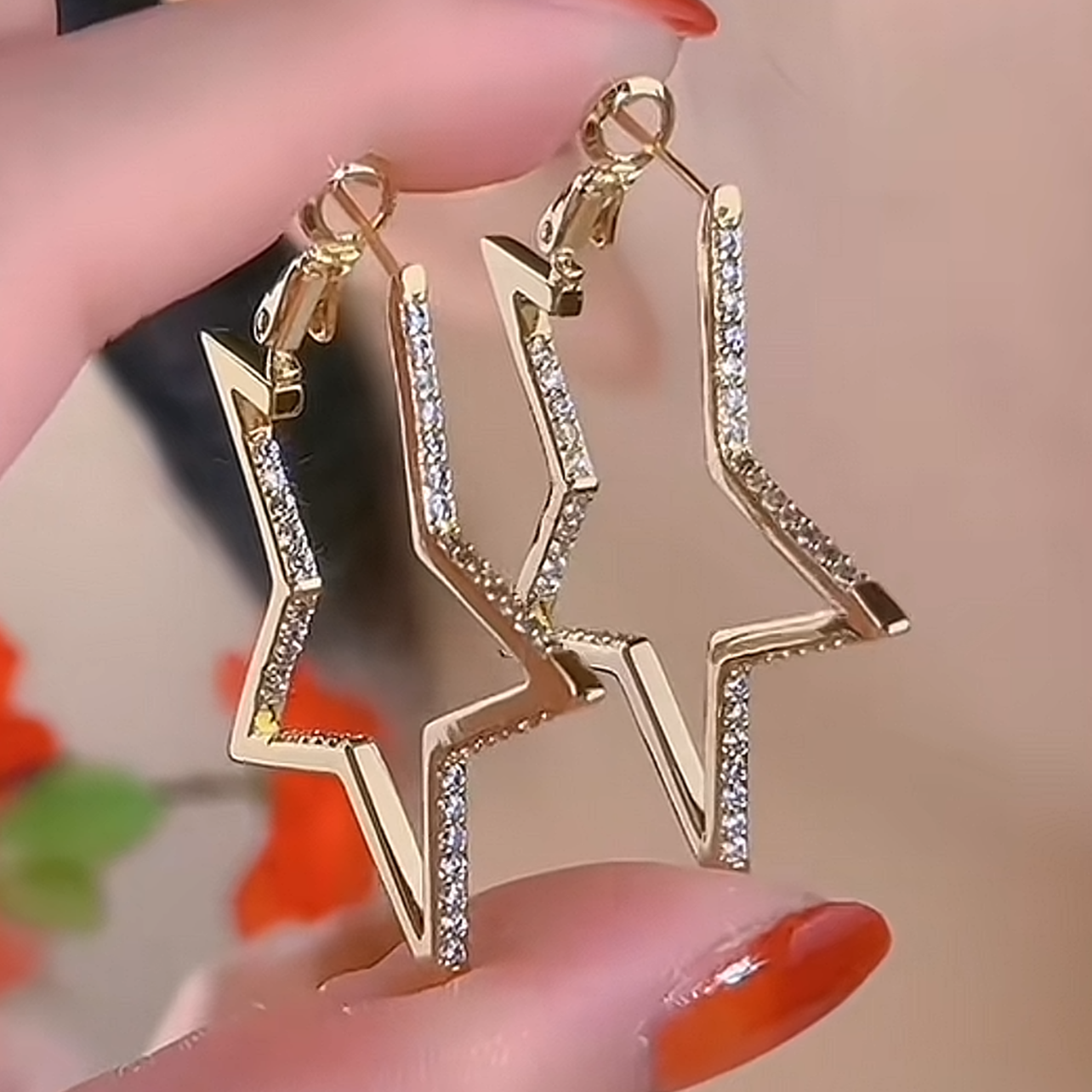 韩国东大门新款夸张闪钻五角星耳环个性百搭大圈圈耳环大气耳饰潮