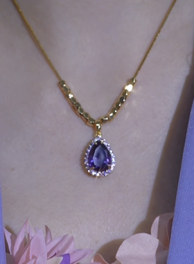 紫色锆石水滴吊坠锁骨链春夏新款时尚百搭项链轻奢气质大气配饰潮