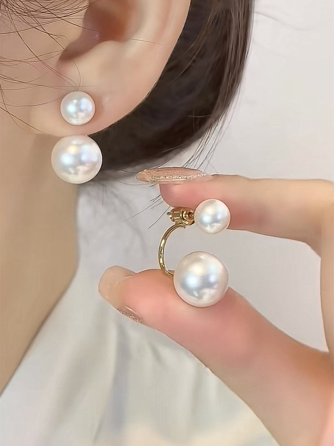 简约两戴款珍珠耳钉轻奢小众气质名媛精致耳环S925银针防过敏耳饰