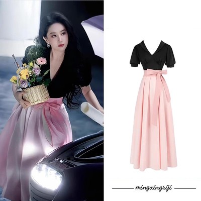 刘亦菲同款法式丝绒黑色V领短袖