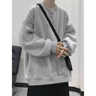 重磅纯棉港风圆领卫衣男宽松潮流百搭秋冬季加绒加厚外套学生上衣