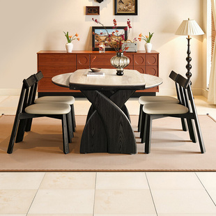 中古风洞石岩板伸缩餐桌可变圆桌实木白蜡木纹折叠饭桌家用小户型