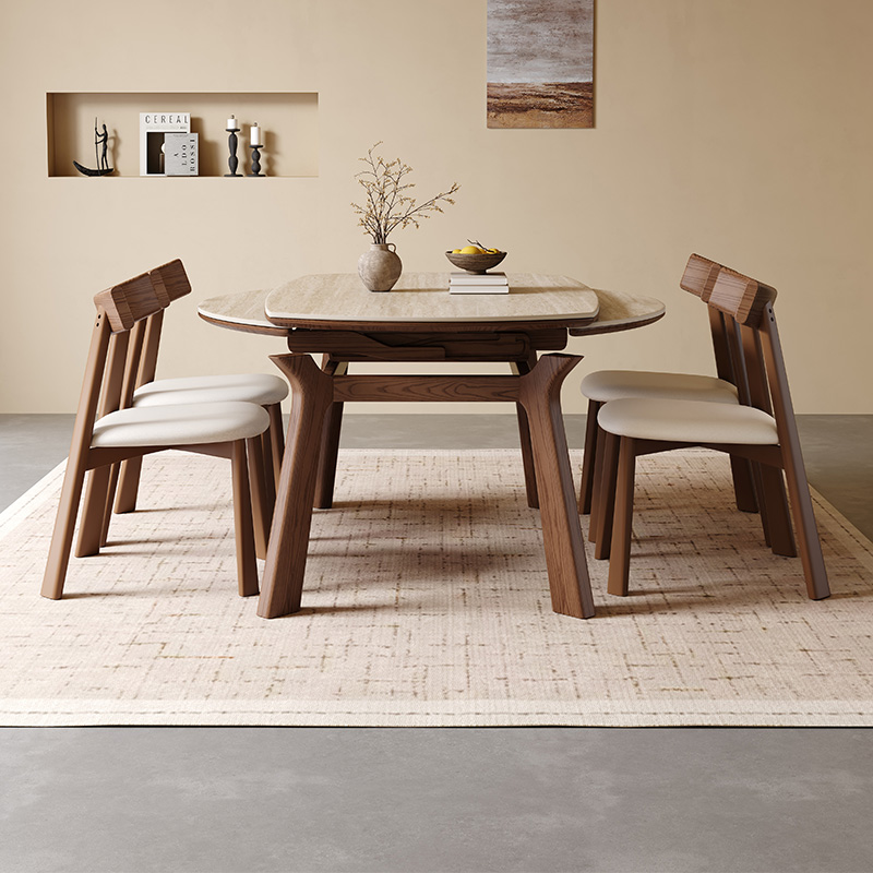 洞石岩板伸缩实木餐桌可变圆桌