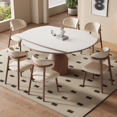 法式覆古可伸缩餐桌椅组合胡桃色实木岩板折叠方变圆桌家用小户型